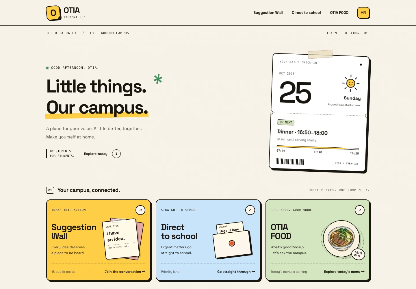 The OTIA Student Hub homepage with a public wall, a direct-to-school channel, and daily campus information